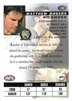 2001 Select AFL Authentic #120 Matthew Rogers Back